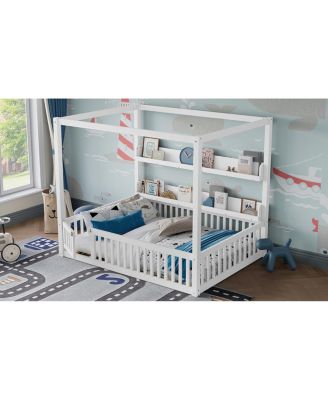  Full Size Canopy Bed with Guardrails & Shelves