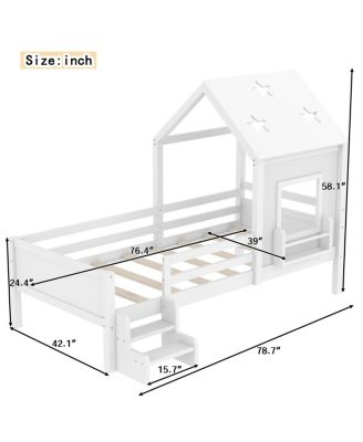 Twin House Bed with Stairs, Bookcase, Blackboard & Roof