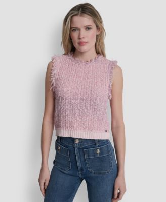Women's Sleeveless Tweed Fringe Trimmed Sweater