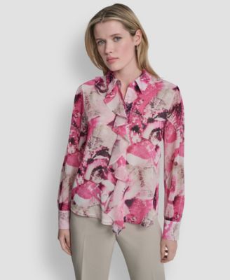 Women's Collared Long-Sleeve Ruffle Detail Shirt