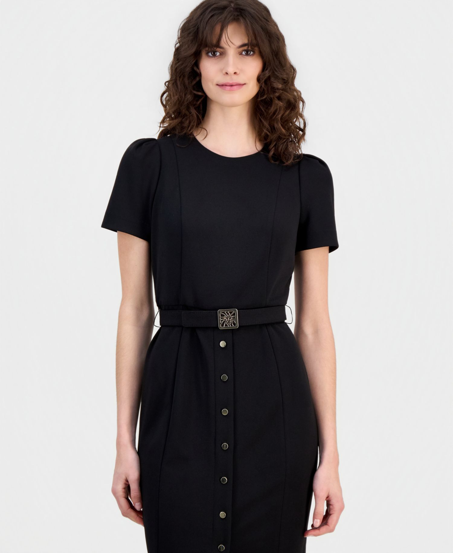 Women's Belted Puff-Sleeve Sheath Dress