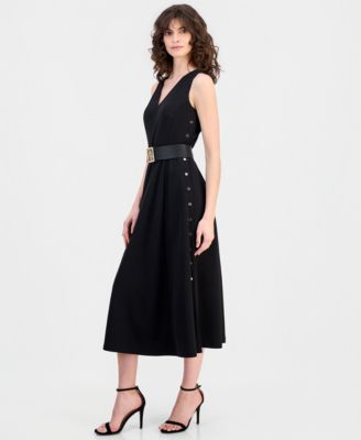 Women's Side-Button Belted Midi Dress