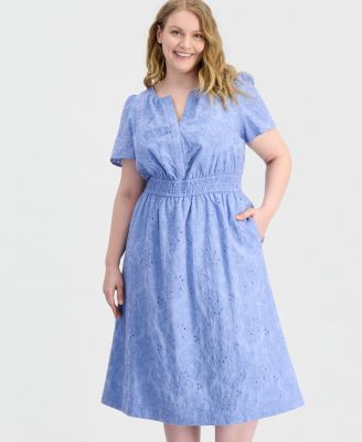 Plus Size Embroidered-Eyelet Short-Sleeve Midi Dress