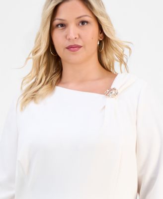 Plus Size Asymmetric-Neck 3/4-Sleeve Midi Dress