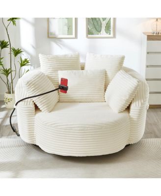 Swivel Corduroy Accent Barrel Chair with 5 Pillows & Phone Holder, Black