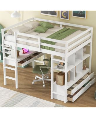 Streamdale Full Size Loft Bed with Desk, Drawers & Shelves, White