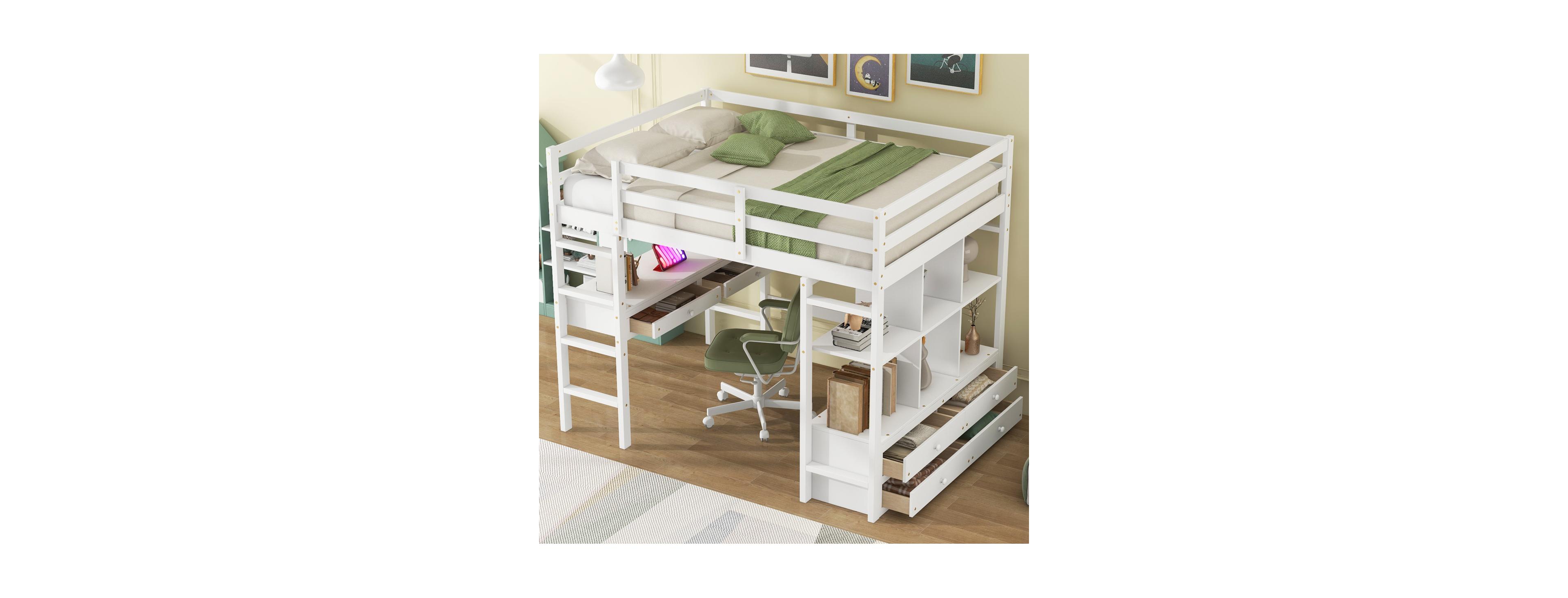 Streamdale Furniture Streamdale Full Size Loft Bed with Desk, Drawers & Shelves, White