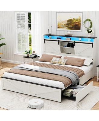 Farmhouse Full Bed Frame w/ Storage Headboard, Drawers, Charging & LED Lights