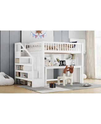Full Size Loft Bed with Desk and Storage Stairs