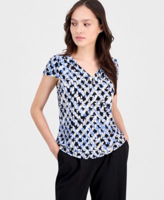 Petite Printed Keyhole Cap-Sleeve Top
