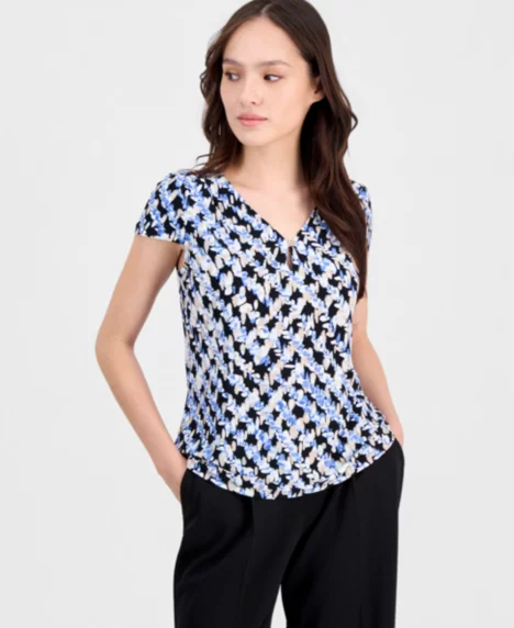Petite Printed Keyhole Cap-Sleeve Top - Blue Yonder Multi