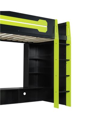 Wood Loft Bed with Desk, Multi-storage Shelves and RGB Light