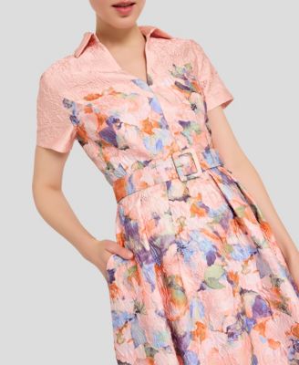 Women's Short-Sleeve Floral Belted Midi Dress