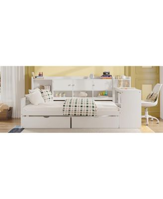  Wooden L-Shape Daybed with 7 Cabinets, 2 Drawers, Desk & Bookshelf, White