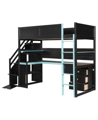 Twin Gaming Loft Bed with Storage Stairs, Desk, Shelves & Pegboard