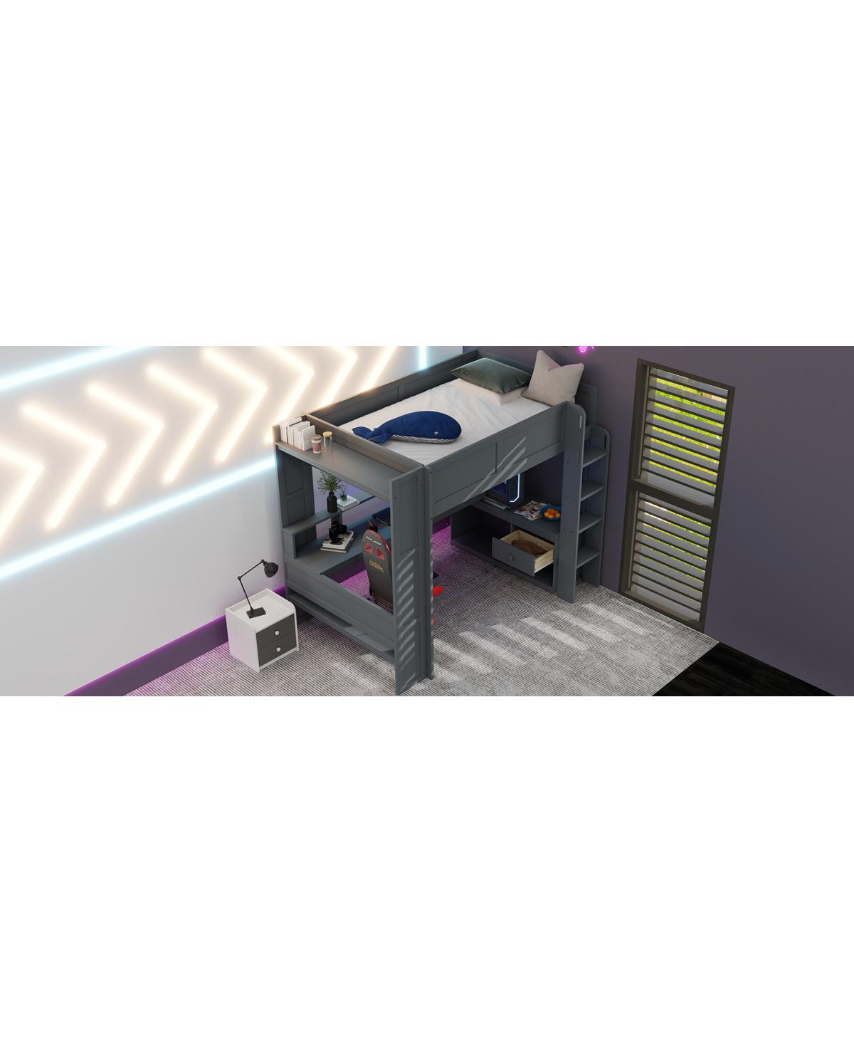 Streamdale Furniture Wood Gaming Loft Bed with Desk, Storage, Led & Charging Station