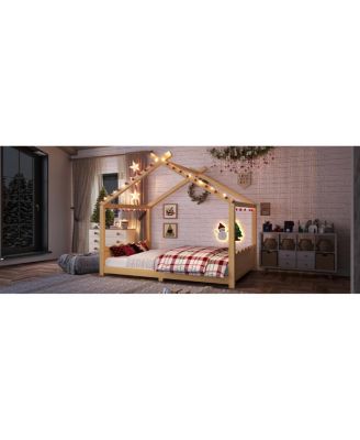 Full House Floor Bed with Support Slats, Solid Wood House Bed Frame for Kids