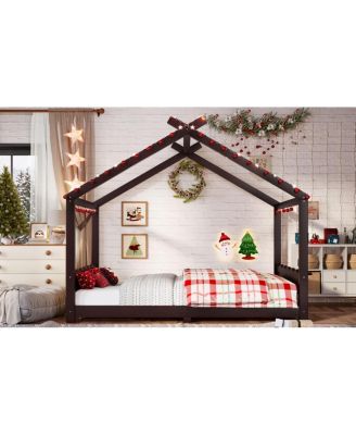  Full House Floor Bed with Support Slats, Solid Wood House Bed Frame for Kids, Espresso