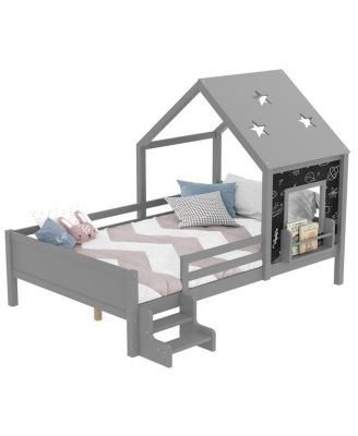 Full House Beds with Low-Profile Stairs, Window, Bookcase, Blackboard, Star Roof, Gray