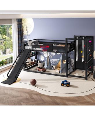metal loft bed with basketball hoop, rings, climbing wall, slide, bookshelves