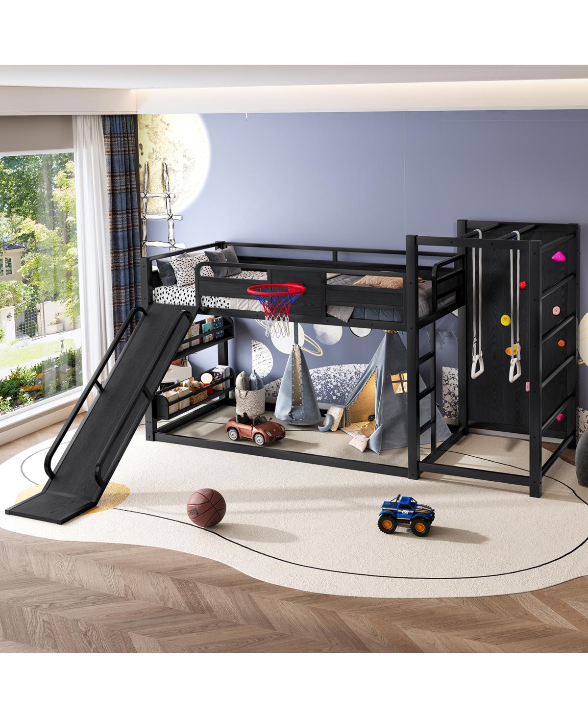 Streamdale Furniture metal loft bed with basketball hoop, rings, climbing wall, slide, bookshelves