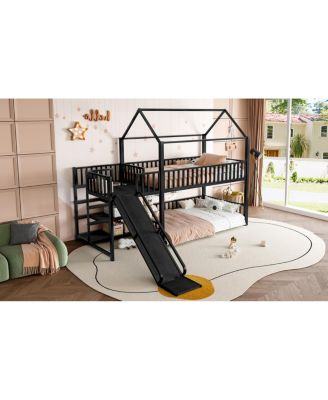 Twin metal House Bunk Bed with Storage Stairs, Slide, Safety Rails