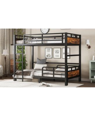 Twin XL over Twin XL Metal Bunk Bed/Loft Bed with Fence, Vintage Wood-Colored