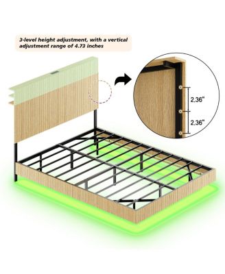 Oak Queen Floating Bed with Charging Station & LED Lights