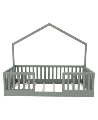  Twin Floor Bed with High Rails, Montessori Wooden Bed with Light, Gray