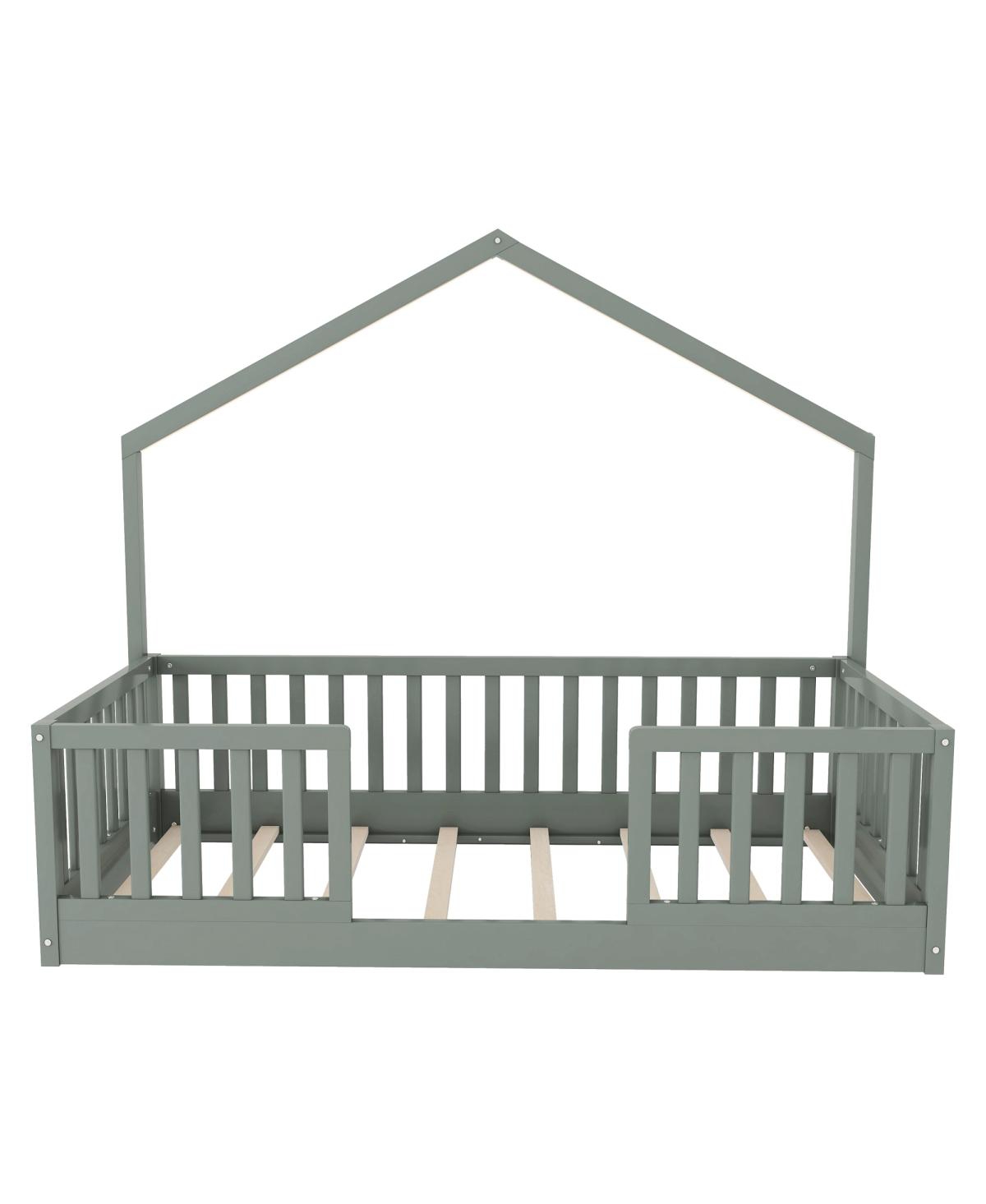 Streamdale Furniture Twin Floor Bed with High Rails, Montessori Wooden Bed with Light, Gray