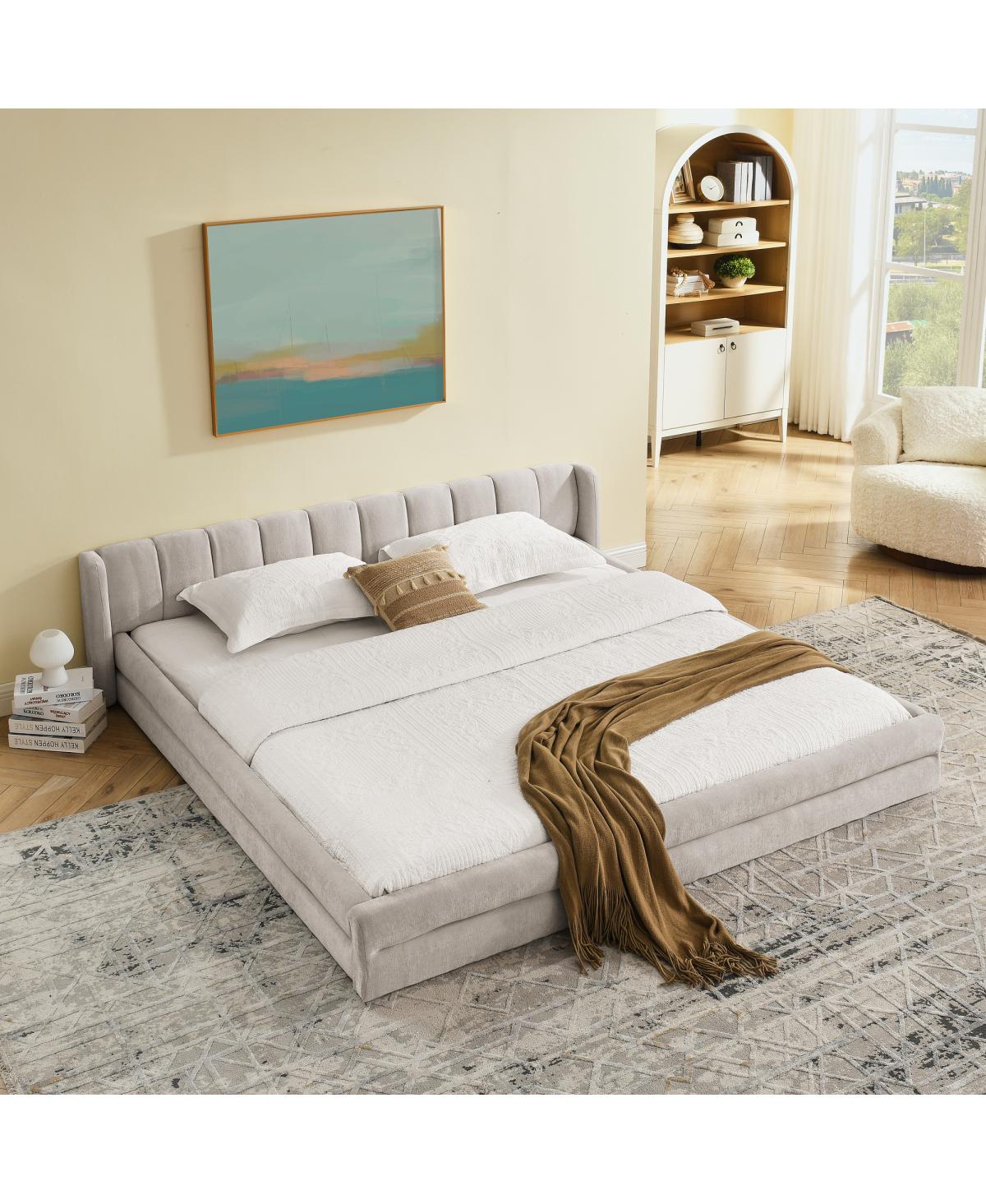 Streamdale Furniture King Size Chenille Upholstered Bed Frame with Headboard - (88"87"23")