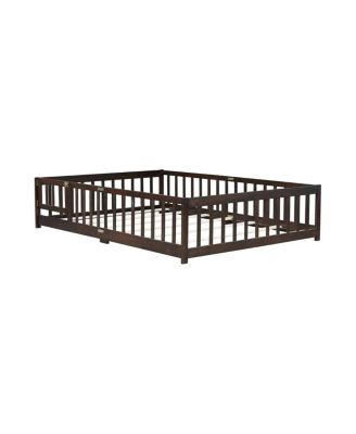  Full Size Floor Bed with Fence, Door, and Safety Guardrails