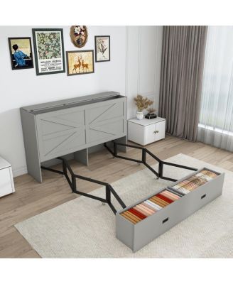 57" Murphy Bed with Storage, Charging Cabinet, Foldable Panels, Swivel Wheels, Gray