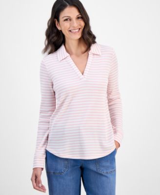 Women's Striped Waffle-Knit Collared Top