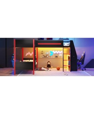  L-Shaped Gaming Loft Bunk Bed with Desk, Shelves & LED