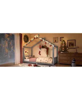 Twin House Floor Bed with Slats, Solid Wood House Bed Frame for Kids, Gray