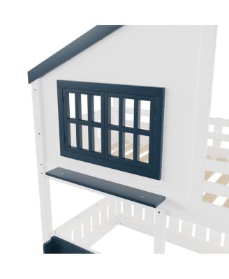 Twin Bunk/Loft Bed with Bookshelf, House Design, Safety Fencing, White & Blue