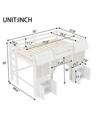  Full Loft Bed with Bookshelf, Curtain, Storage Shelf, Playful Design, White