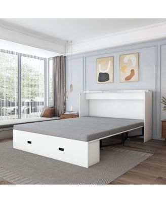 Murphy Bed with Storage, Charging Cabinet, Foldable Panels, Swivel Wheels