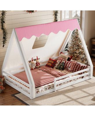 Full Size House Floor Bed with Tent and Light, Solid Wood Teepee Design