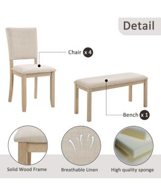 6 Piece Dining Table Set with Bench, Wooden Kitchen Table & 4 Upholstered Chairs