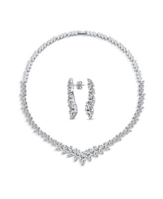 Classic Marquise Leaf CZ Statement V Necklace Chandelier Earrings Jewelry Set