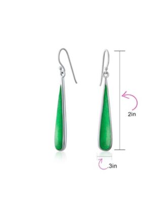 Simple Green Agate Stabilized Turquoise Inlay Long Teardrop Dangle Earrings .925 Sterling Silver