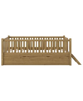 Wood Twin Size Platform Bed with Guardrail and Trundle