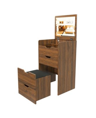 3-in-1 Vanity Desk with Lighted Mirror & Stool, Flip Top Makeup Dressing Table (Walnut)