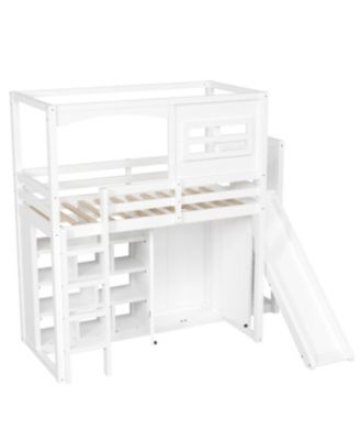 Wood Twin Size Loft Bed with Wardrobe, Storage Shelves, Slide and LED