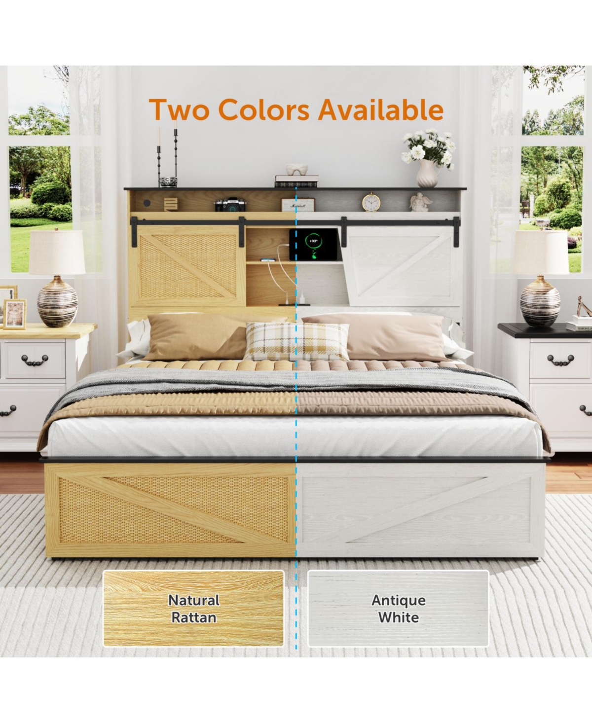 Streamdale Furniture Farmhouse Queen Storage Bed Frame with Headboard, Drawers, Charging & Led