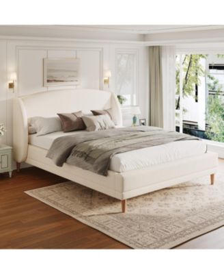  Queen Upholstered Platform Bed, Boucle Fabric, Wingback Headboard