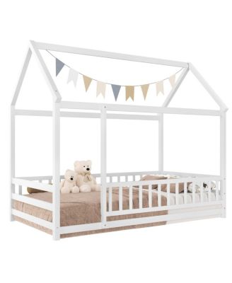 Twin Size Floor Wooden Bed with House Roof Frame, Fence Guardrails