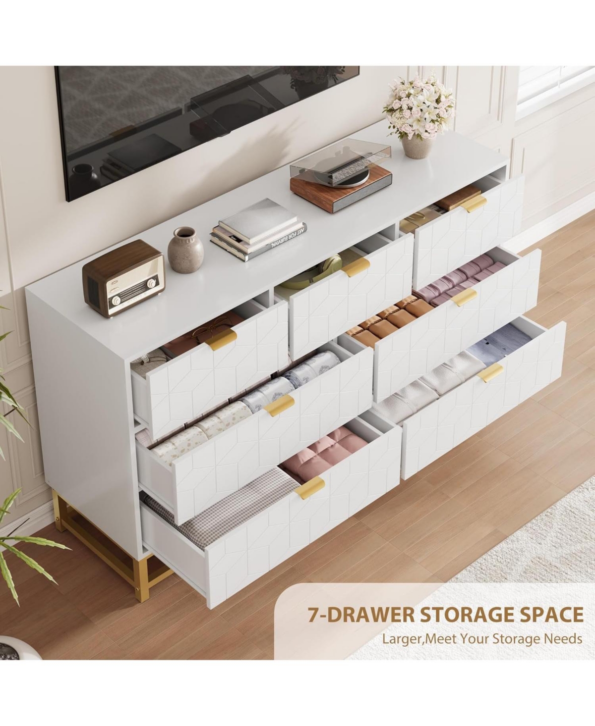 gaomon 7-Drawer Bedroom Dresser, 53.5" Wide Chest with Gold Handles & Legs, Modern Storage Organizer for Closet, Hallway, Living Room, Entryway